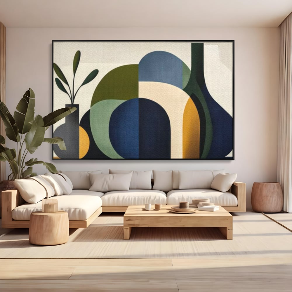 Tablou canvas cu tablou canvas cu forme geometrice si vaze, in rama de aluminiu negru, pe perete intr-un living